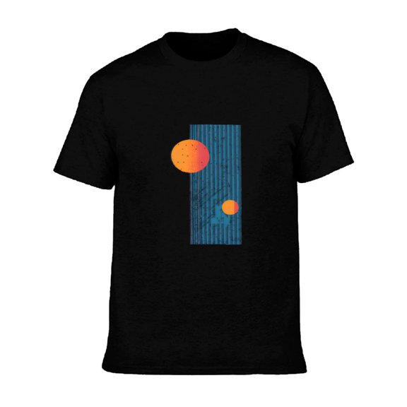 Men's Cotton Short Sleeve T-Shirt - Minimalistic Abstract Design with Orange and Blue Circles on Blue Striped Background