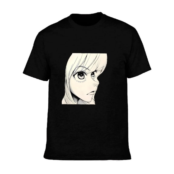 Men's Cotton Short Sleeve T-Shirt - Minimalistic Anime Character Face Graphic Light Hair & Expressive Eyes on Black Background