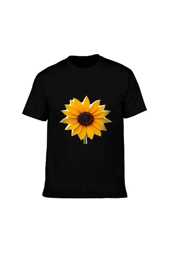 Men's Cotton Short Sleeve T-Shirt with Vibrant Yellow Sunflower Print on Black Background - Stylish Tee Top for Casual Wear