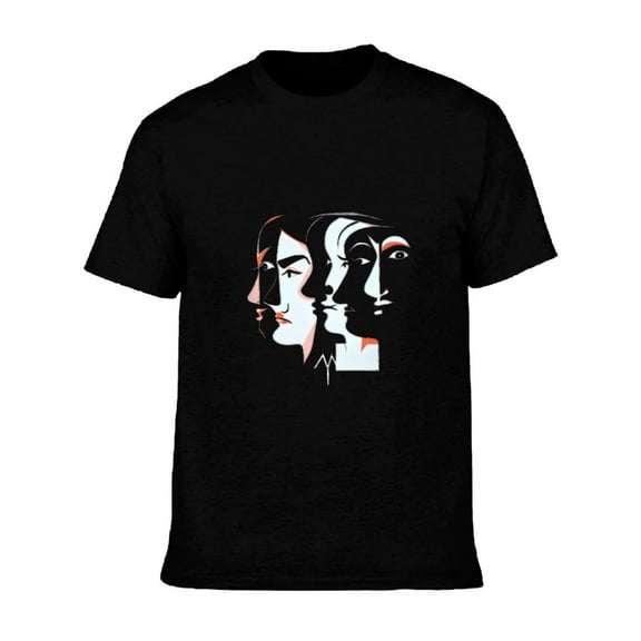Men's Cotton Short Sleeve T-Shirt - Modern Abstract Profile Faces Graphic in White & Red on Black - Minimalist Tee Top