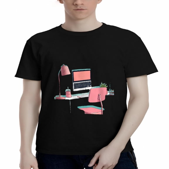 Men's Cotton Short Sleeve T-Shirt - Modern Minimalist Workspace Design with Laptop Pink Chair & Desk Accessories