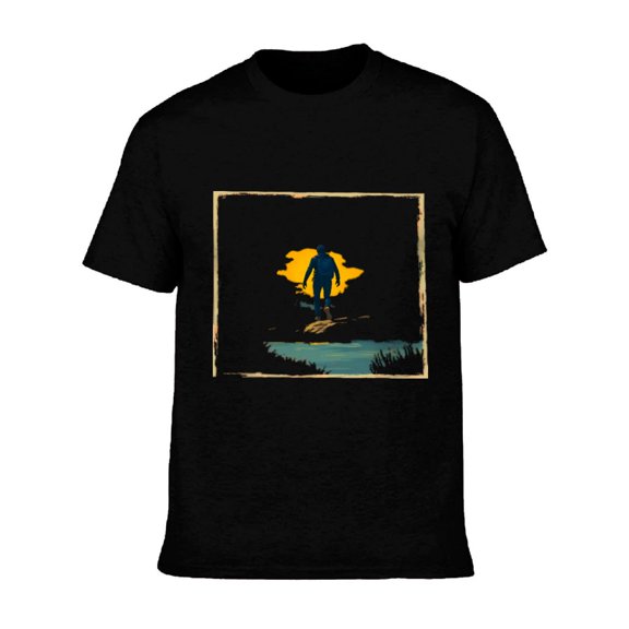 Men's Cotton Short Sleeve T-Shirt - Nature-Inspired Silhouette Design with Sunset Reflection Perfect for Outdoor Adventures
