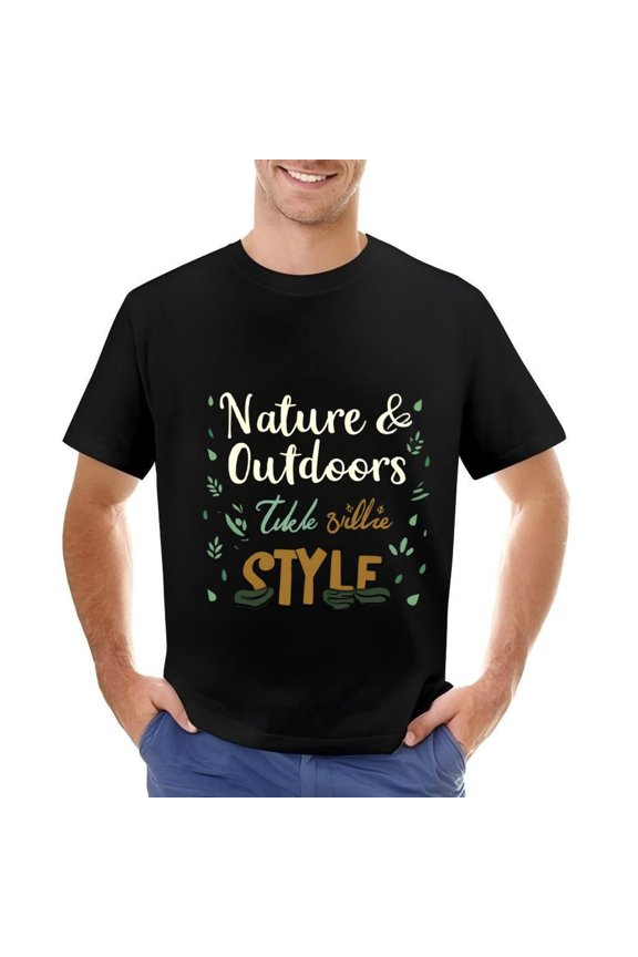 Men's Cotton Short Sleeve T-Shirt - Nature & Outdoors Design with Cursive Text Accents and Stylish Fonts