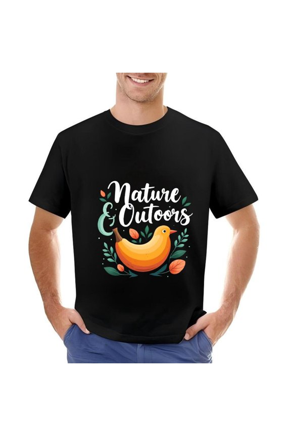 Men's Cotton Short Sleeve T-Shirt - Nature & Outdoors Design with White Cursive Font Orange Bird & Green Leaves