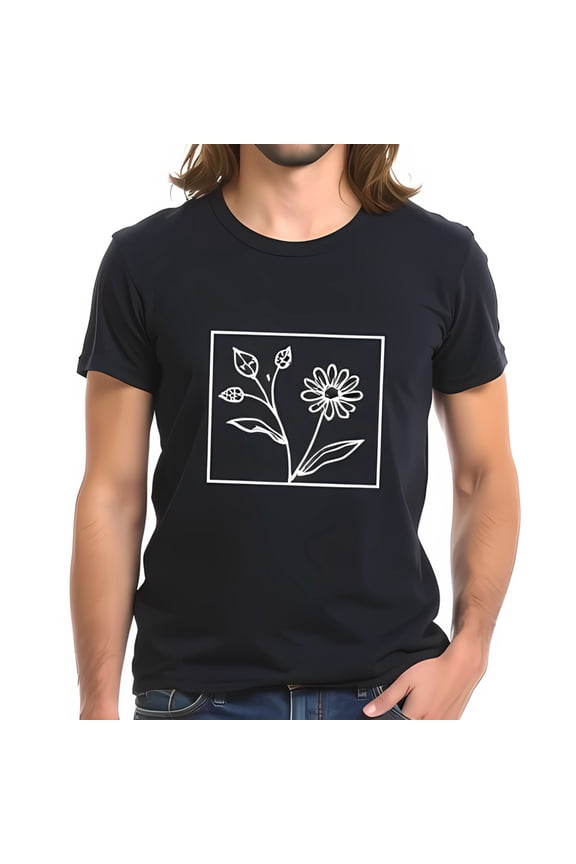 Men's Cotton Short Sleeve T-Shirt - Navy Blue with Minimalist White Flower Line Drawing in Square Design