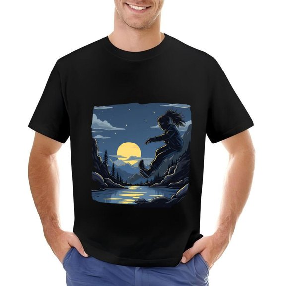 Men's Cotton Short Sleeve T-Shirt - Night Skateboarding Design with Moon & Stars Pattern