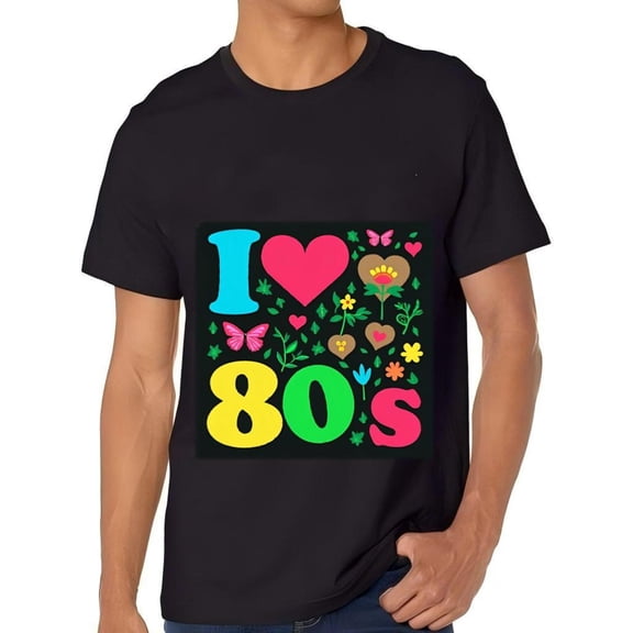 Men's Cotton Short Sleeve T-Shirt - Nostalgic ' I ❤️ 80s ' Graphic Tee with Colorful Floral & Butterfly Design