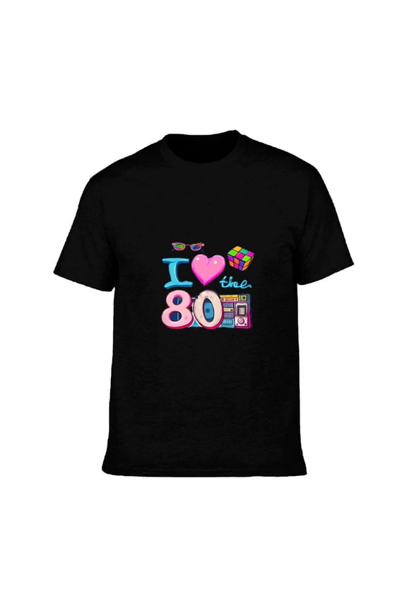 Men's Cotton Short Sleeve T-Shirt - Nostalgic ' I ❤️ the 80s ' Graphic Tee with Sunglasses Heart Design