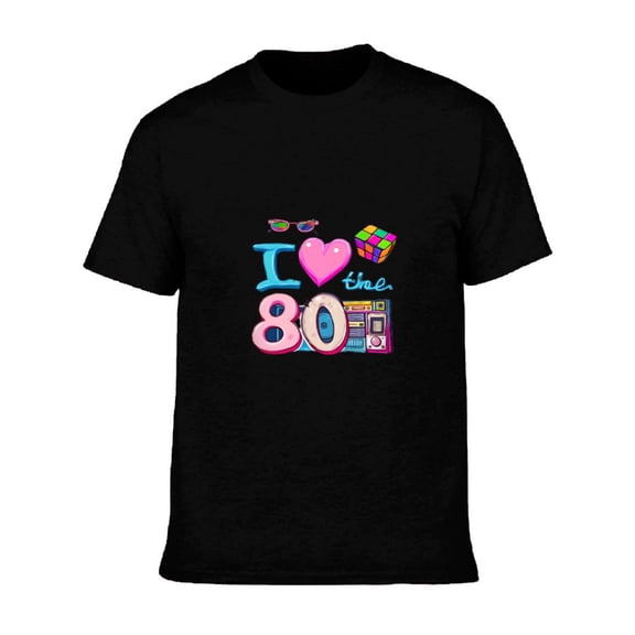Men's Cotton Short Sleeve T-Shirt - Nostalgic ' I ❤️ the 80s ' Graphic Tee with Sunglasses Heart Design