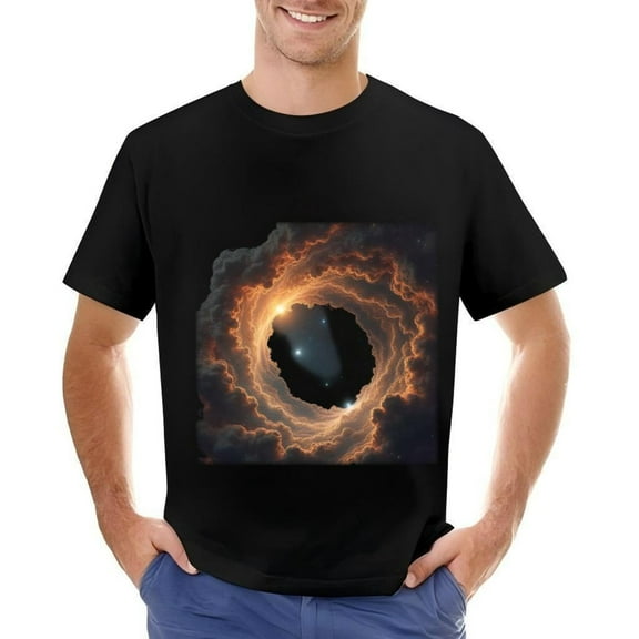 Men's Cotton Short Sleeve T-Shirt - Orange and Dark Gray Swirling Pattern Black Hole Center with Bright Stars