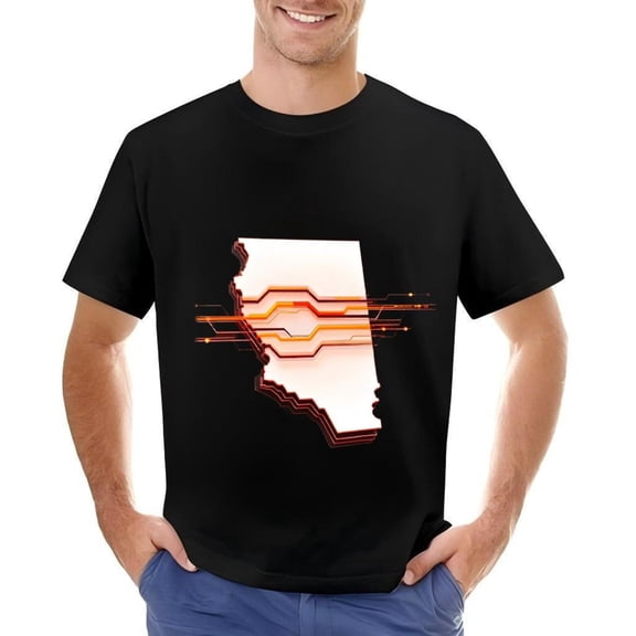 Men's Cotton Short Sleeve T-Shirt - Outline Graphic with Orange - Red Gradient & Tech-Inspired Design