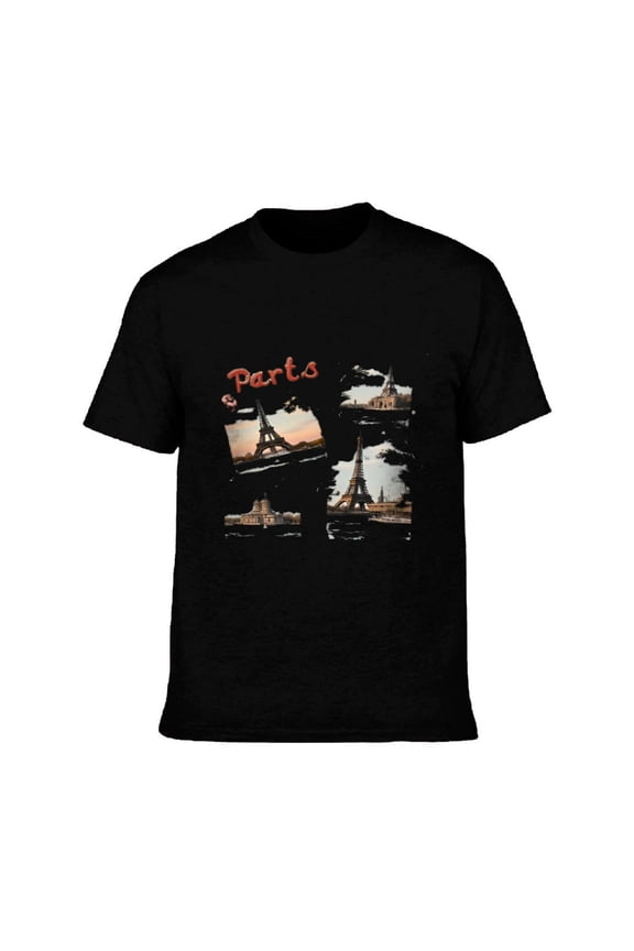 Men's Cotton Short Sleeve T-Shirt - Paris Graphic Tee with Red ' Paris ' Text & Iconic Landmarks Design - More