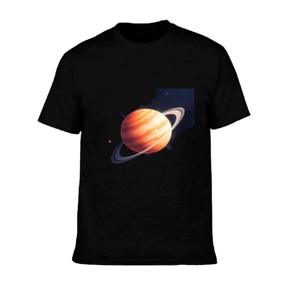 Men's Cotton Short Sleeve T-Shirt - Planet Graphic Tee with Reddish - Orange Rings on Dark Background