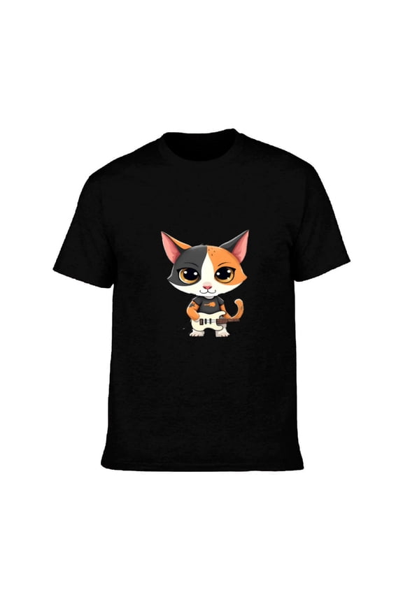 Men's Cotton Short Sleeve T-Shirt - Playful Cartoon Cat Design with Large Eyes & Colorful Patchwork Shirt - Fun & Unique Tee Top