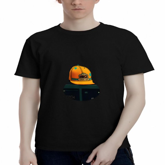 Men's Cotton Short Sleeve T-Shirt - Playful Cartoon Cityscape Design with Orange Baseball Cap Illustration - Whimsical Tee Top