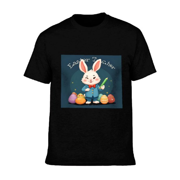 Men's Cotton Short Sleeve T-Shirt - Playful Cartoon Rabbit Design with Colorful Eggs & Stars Perfect for Easter Magic Vibes