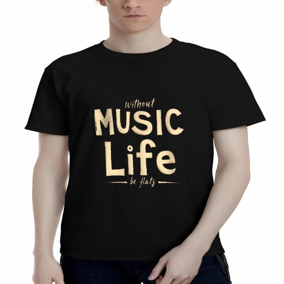 Men's Cotton Short Sleeve T-Shirt - Playful Handwritten Design " Without MUSIC Life Be Voids " in Light Beige on Black