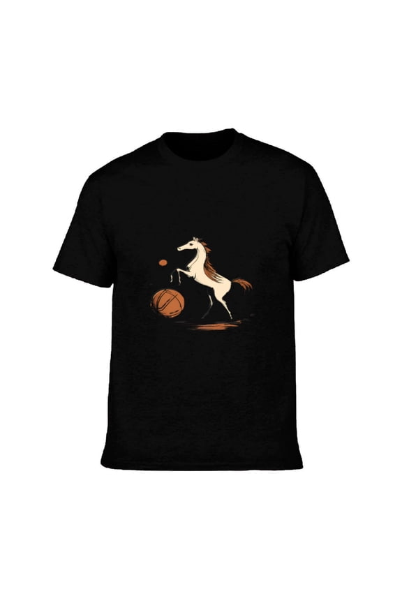 Men's Cotton Short Sleeve T-Shirt - Playful Horse in Mid - Leap with Basketball Minimalistic Cartoon Style Perfect for Sports Lovers