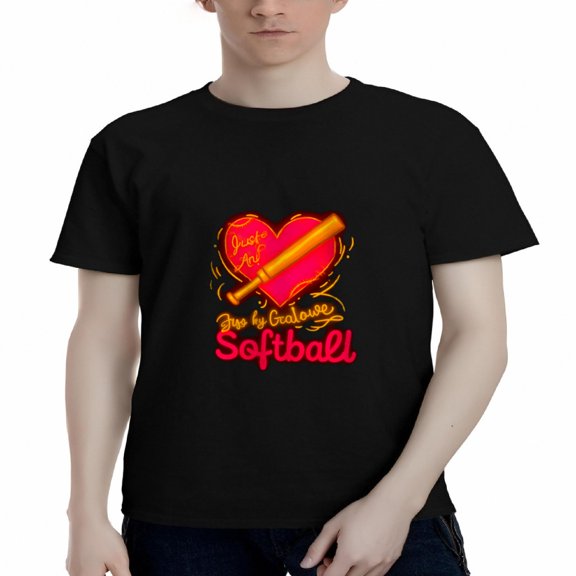 Men's Cotton Short Sleeve T-Shirt - Playful Softball Graphic with Red Heart & Yellow Bat " Just for the Softball " Design
