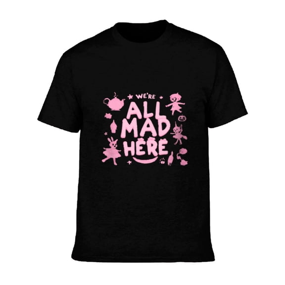 Men's Cotton Short Sleeve T-Shirt - Playful ' WE ' RE ALL MAD HERE ' Pink Design with Whimsical Characters & Illustrations