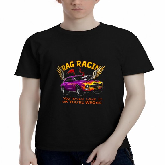Men's Cotton Short Sleeve T-Shirt - Purple Muscle Car with Wings Graphic ' RACIN ' Bold Yellow Text Racing Theme Tee
