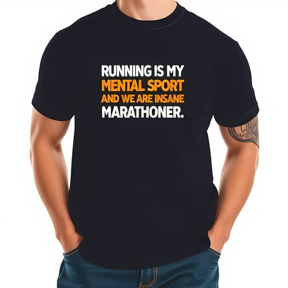 Men's Cotton Short Sleeve T-Shirt - " RUNNING IS MY MENTAL SPORT " Graphic Tee with Orange Highlights - Casual Fit for Runners