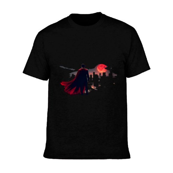 Men's Cotton Short Sleeve T-Shirt - Red Cape Silhouette Design Against Dark Cityscape & Red Moon - Mysterious Night Tee Top