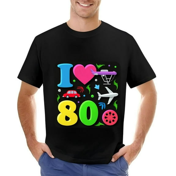 Men's Cotton Short Sleeve T-Shirt - Retro 80s Design with Colorful ' I Love 80 ' Graphic Cars Planes & Fun Shapes
