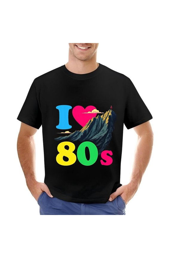 Men's Cotton Short Sleeve T-Shirt - Retro ' I ❤️ 80s ' Design with Colorful Mountain Graphic Nostalgic Style