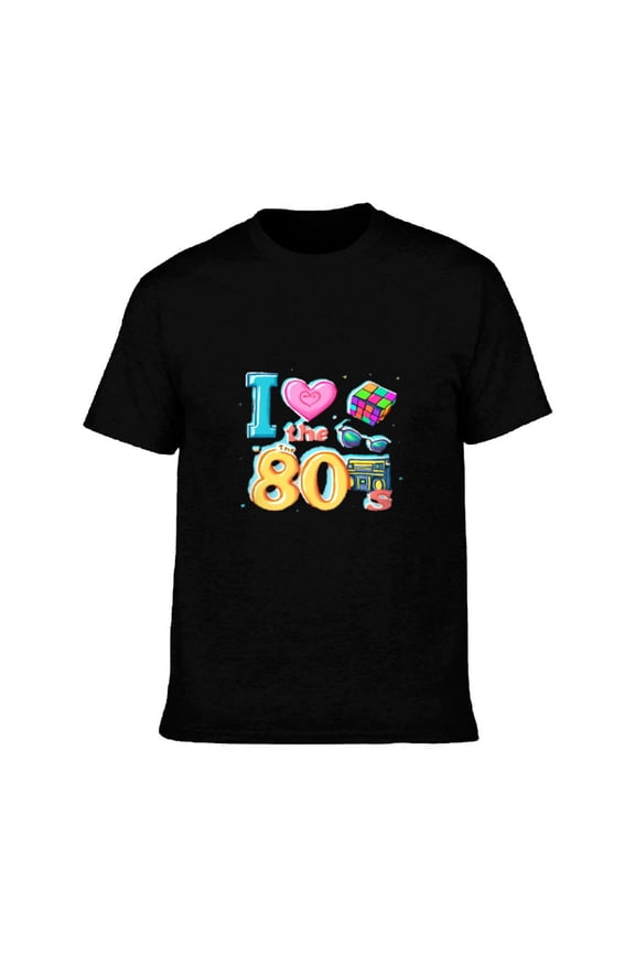 Men's Cotton Short Sleeve T-Shirt - Retro ' I ❤️ the 80s ' Graphic Tee with Colorful - Nostalgic 1980s Design