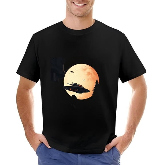 Men's Cotton Short Sleeve T-Shirt - Retro Space Theme with Orange Moon Flying Spacecraft & Silhouetted Trees