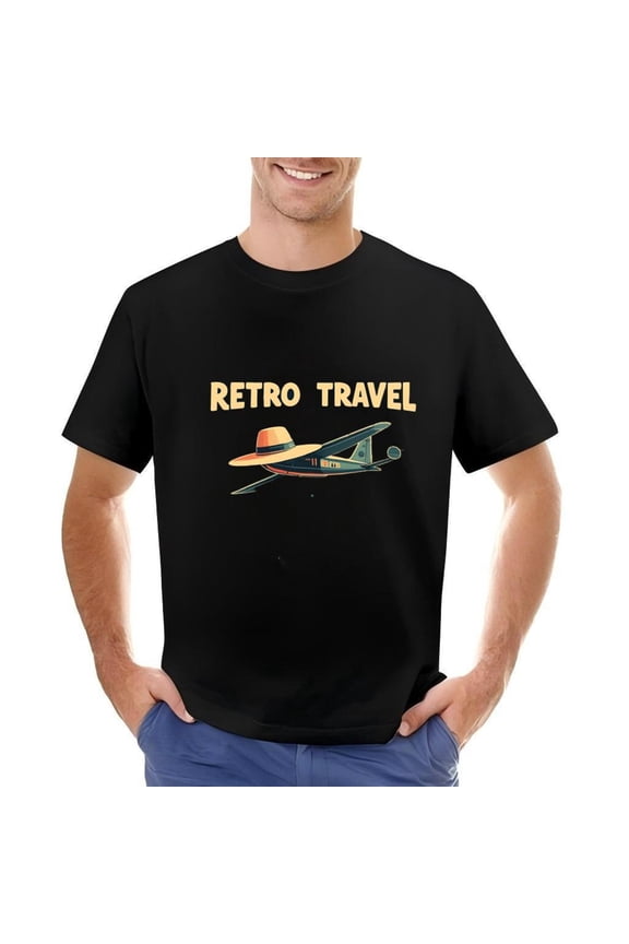 Men's Cotton Short Sleeve T-Shirt - Retro Travel Design with Airplane and Colorful Sun Hat Vintage Style Graphic Tee