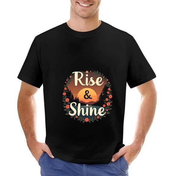 Men's Cotton Short Sleeve T-Shirt - " Rise & Shine " Cursive Text with Sunset Scene Silhouetted Trees & Red Flower Wreath Design