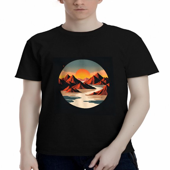 Men's Cotton Short Sleeve T-Shirt - River Design Warm Gradient Sky Stylish Tee for Casual Wear