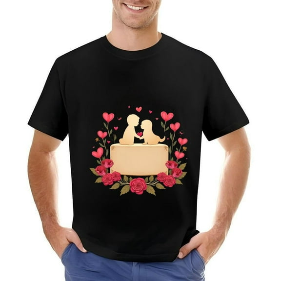 Men's Cotton Short Sleeve T-Shirt - Romantic Design with Roses & Heart Graphic