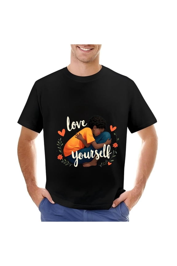Men's Cotton Short Sleeve T-Shirt - Self - Love Graphic Tee with Hugging Figure Orange & Blue Design Hearts & Flowers ' Love Yourself ' Cursive Text