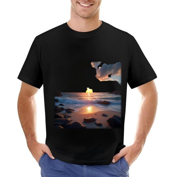 Men's Cotton Short Sleeve T-Shirt - Serene Beach Sunset Design with Waves & Warm Hues Perfect for Casual Wear