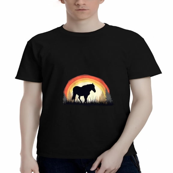 Men's Cotton Short Sleeve T-Shirt - Serene Horse Silhouette in Sunset Field Design Nature-Inspired Tee Top for Casual Wear
