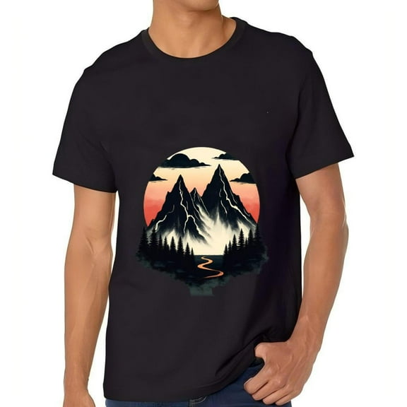Men's Cotton Short Sleeve T-Shirt - Serene Mountain Landscape Design with Silhouetted Trees Perfect for Nature Lovers
