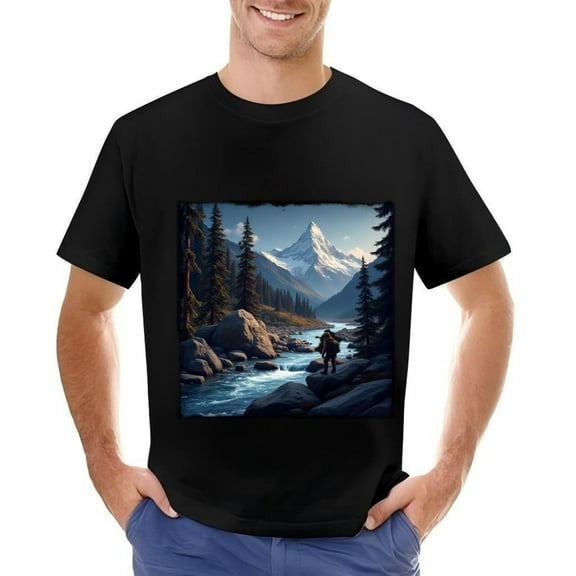 Men's Cotton Short Sleeve T-Shirt - Serene Mountain Landscape Design with Snow - Capped Peaks and Pine Trees Perfect for Outdoor Adventures