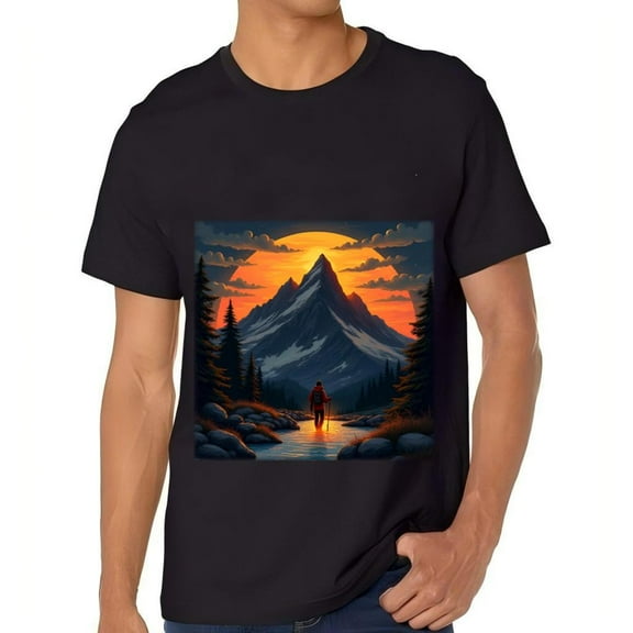 Men's Cotton Short Sleeve T-Shirt - Serene Mountain Landscape Sunset Design Vibrant Colors Nature -Inspired Tee Top