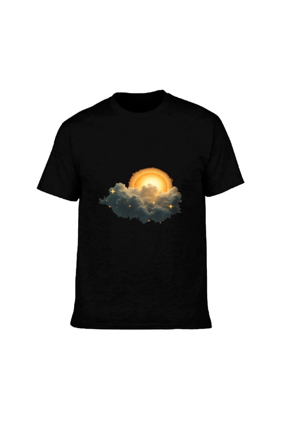 Men's Cotton Short Sleeve T-Shirt - Serene Sun and Cloud Graphic Tee with Sparkling Stars Dreamy Celestial Design