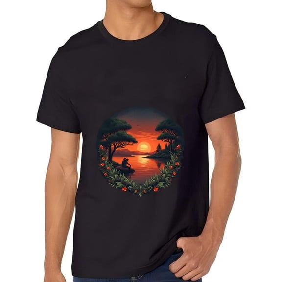 Men's Cotton Short Sleeve T-Shirt - Serene Sunset Scene Design with Reflective Water and Framing Trees - Perfect for Casual Wear