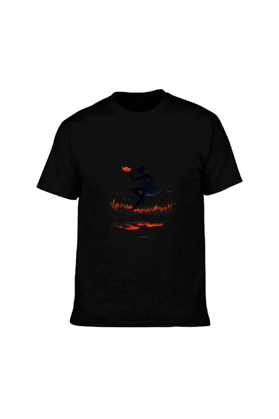 Men's Cotton Short Sleeve T-Shirt - Silhouette Dancing Figure with Wand Against Fiery Flames - Magical Fire-themed Tee Top