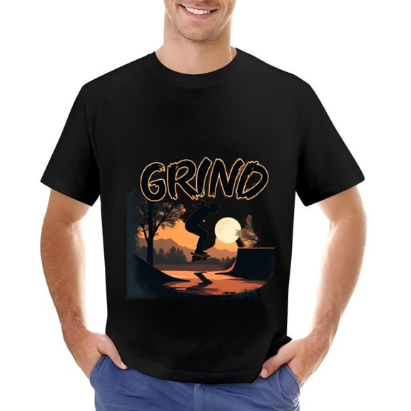 Men's Cotton Short Sleeve T-Shirt - Skateboarder Sunset Graphic Tee with Bold ' GRIND ' Design Perfect for Casual Wear