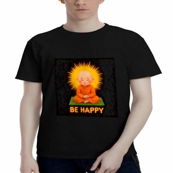 Men's Cotton Short Sleeve T-Shirt - Smiling Monk Design with Radiant ' BE HAPPY ' Text - Vibrant Orange on Dark Background