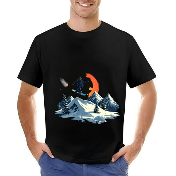 Men's Cotton Short Sleeve T-Shirt with Snowboarder Graphic Design Theme Winter Sports Inspired Perfect for Outdoor Enthusiasts Unique Pine Tree and Moon Print