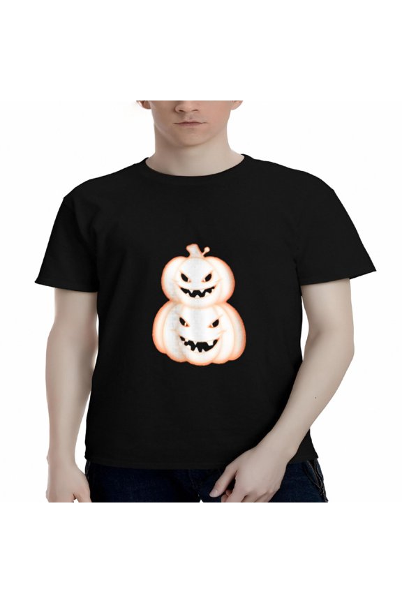 Men's Cotton Short Sleeve T-Shirt - Spooky Cartoon Pumpkin Graphic Tee Orange & White Faces Perfect for Halloween Fun
