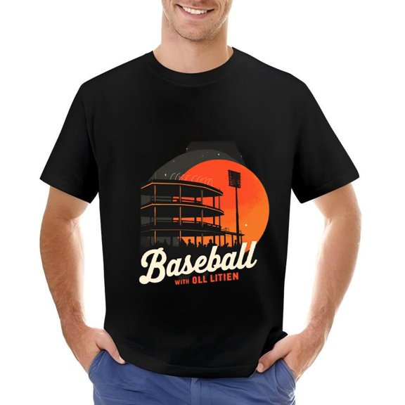 Men's Cotton Short Sleeve T-Shirt - Stadium at Sunset Graphic " Baseball with Littien " Nostalgic Design