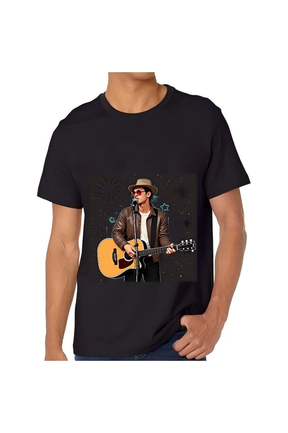 Men's Cotton Short Sleeve T-Shirt - Stylish Acoustic Guitar & Stars Design Tee Top